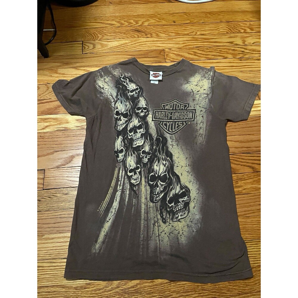 Harley-Davidson vintage Men’s S Brown Double-Sided Skull Graphic T-Shirt